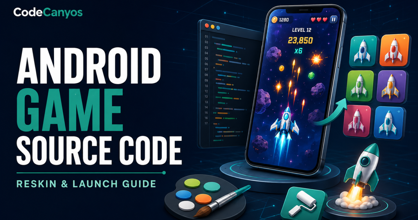 Android game source code reskin and launch guide cover with smartphone game, color palette and rocket