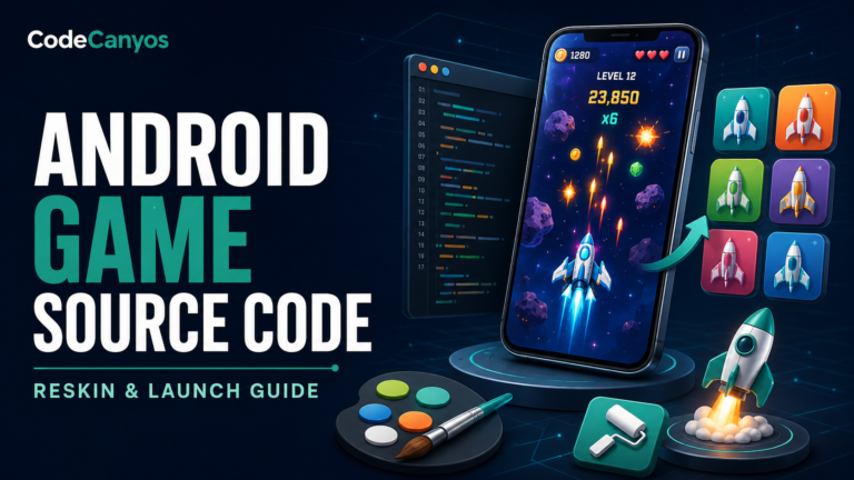 Android game source code reskin and launch guide cover with smartphone game, color palette and rocket