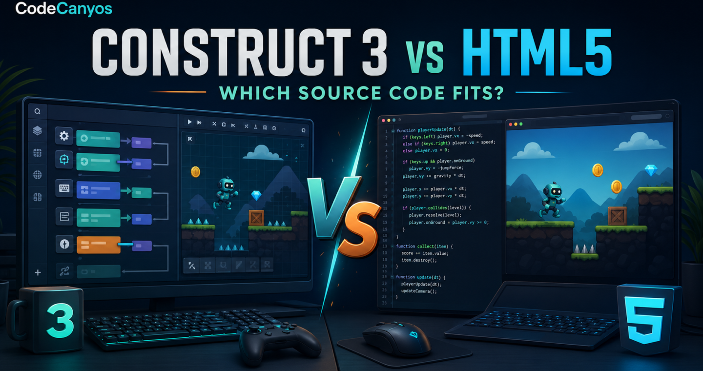 Construct 3 versus HTML5 JavaScript source code comparison cover with visual events and code editor