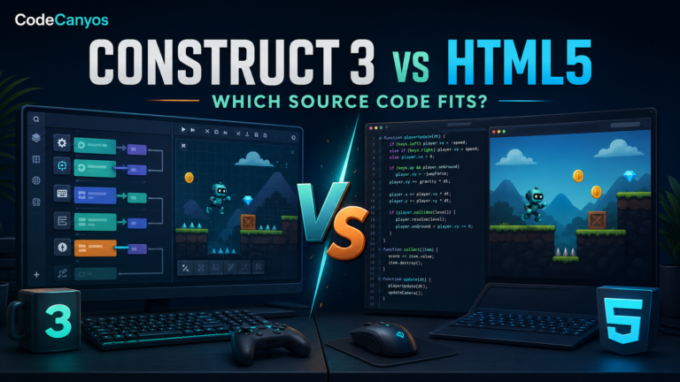 Construct 3 versus HTML5 JavaScript source code comparison cover with visual events and code editor