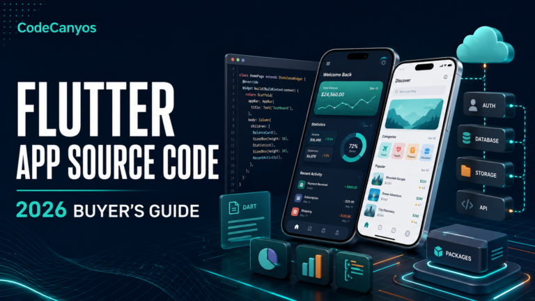 Flutter app source code buyer guide cover with mobile interfaces, Dart code, backend and packages
