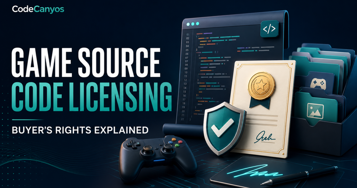 Game source code licensing guide cover with code document, license certificate and verified shield