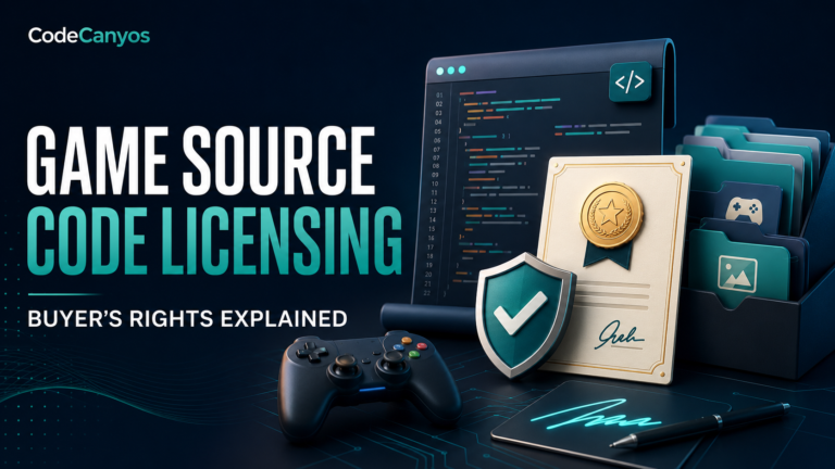 Game source code licensing guide cover with code document, license certificate and verified shield