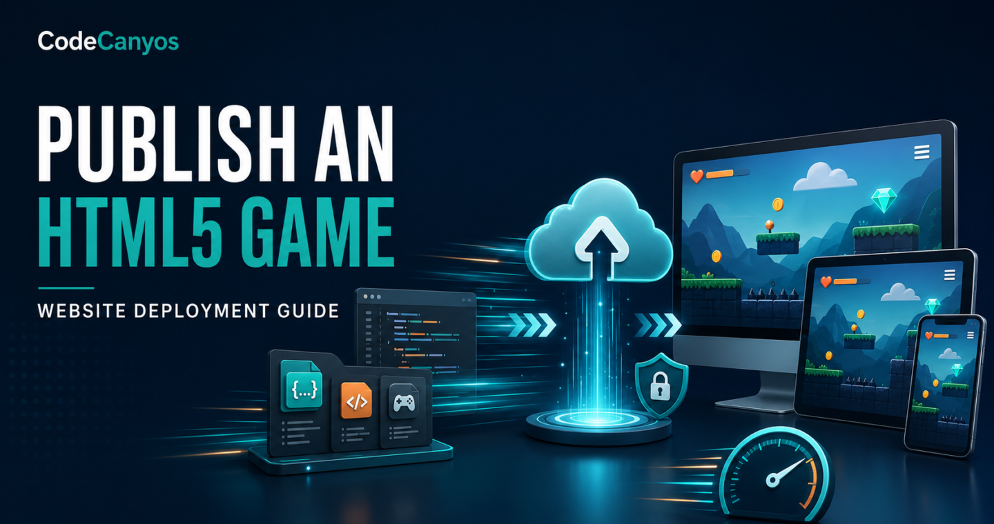 HTML5 game website deployment guide cover with code, cloud upload and responsive devices