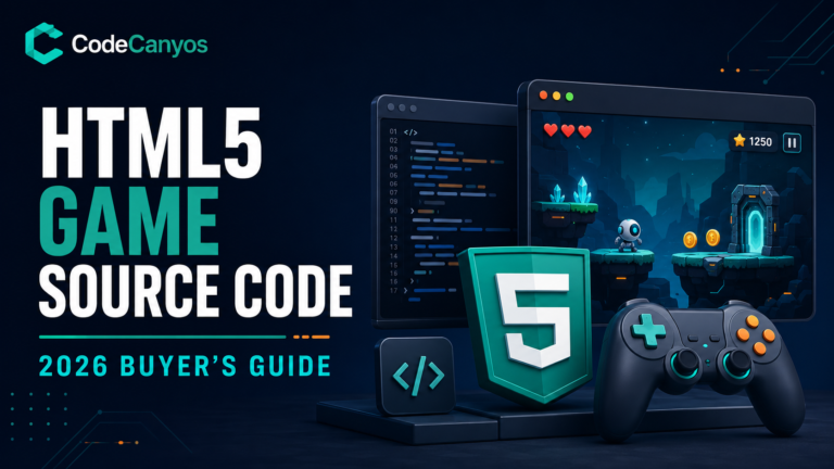 HTML5 game source code buyer guide cover with browser game, code window and controller