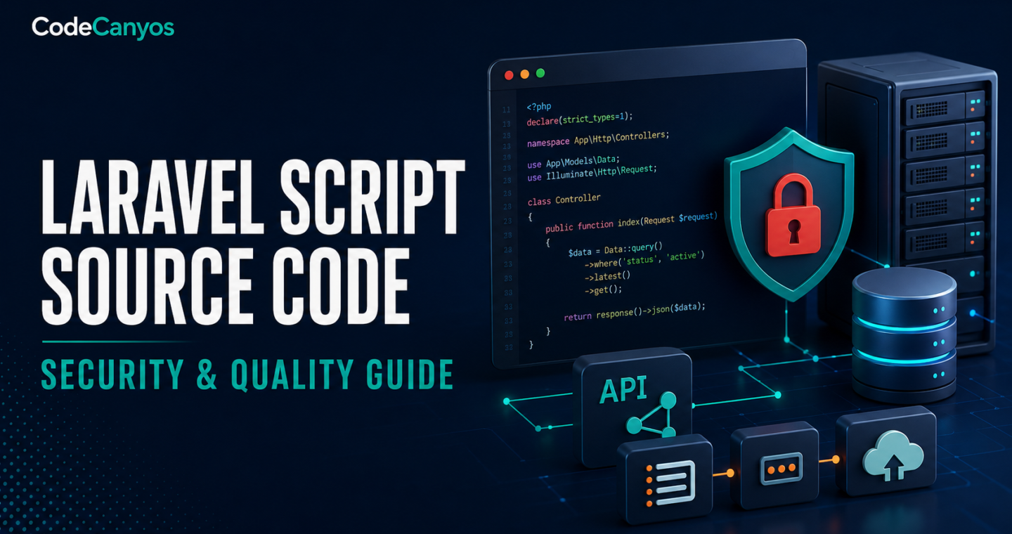 Laravel script source code security guide cover with PHP code, server, database and lock shield
