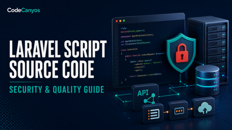 Laravel script source code security guide cover with PHP code, server, database and lock shield