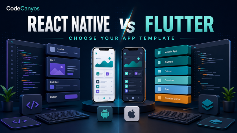 React Native versus Flutter app templates comparison cover with phones, components and widget layers
