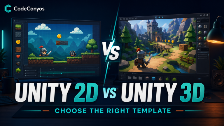 Unity 2D versus Unity 3D game templates comparison cover with matching platform game scenes
