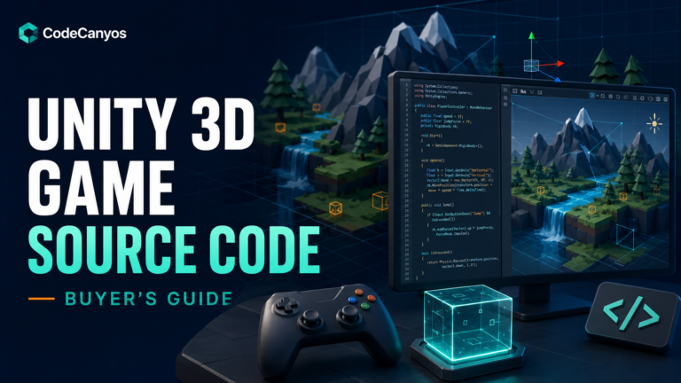 Unity 3D game source code buyer guide cover with 3D landscape, C sharp code and controller