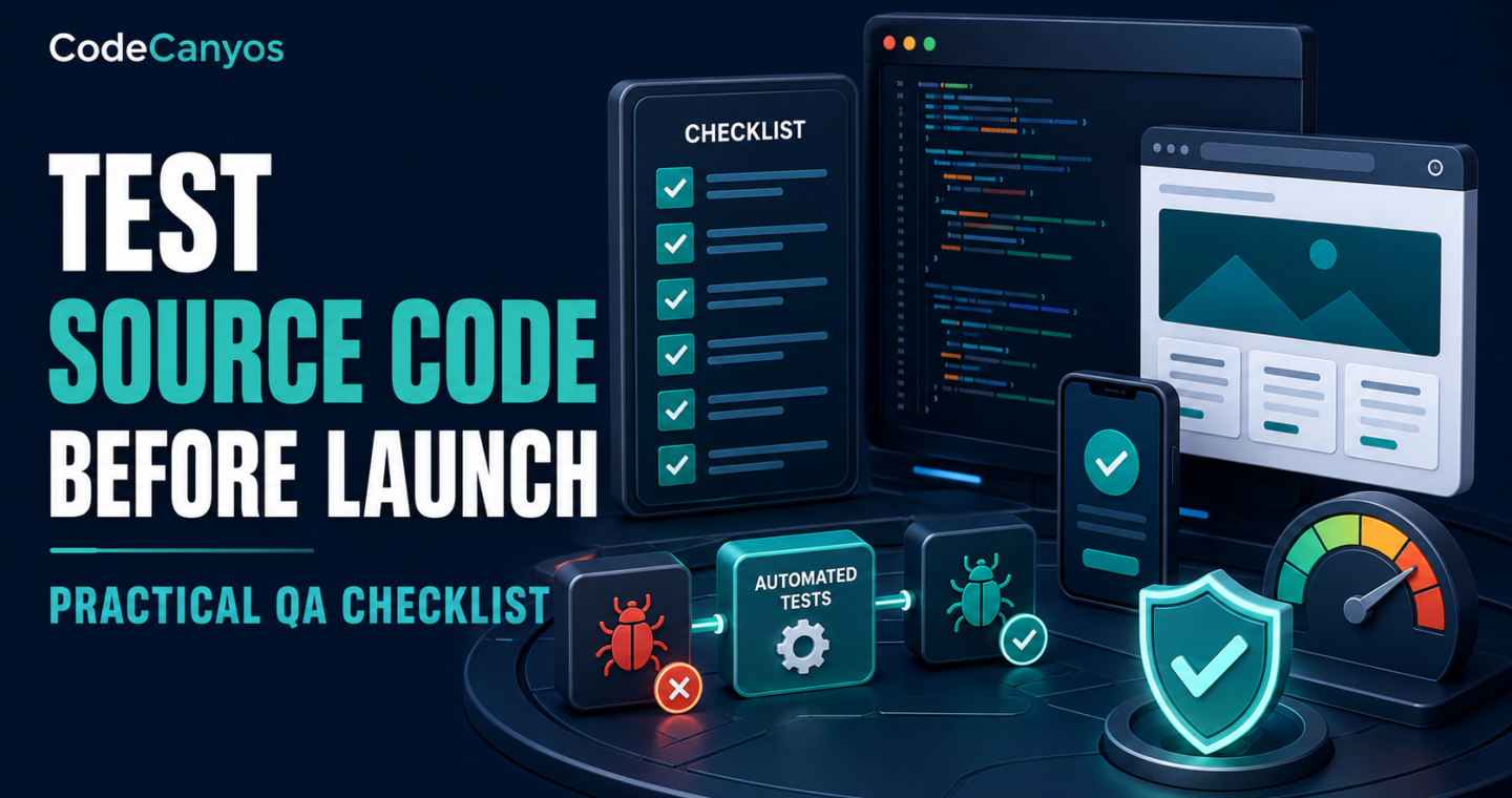 Source code pre-launch testing checklist cover with code, devices, automated tests and QA shield
