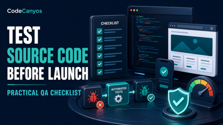 Source code pre-launch testing checklist cover with code, devices, automated tests and QA shield